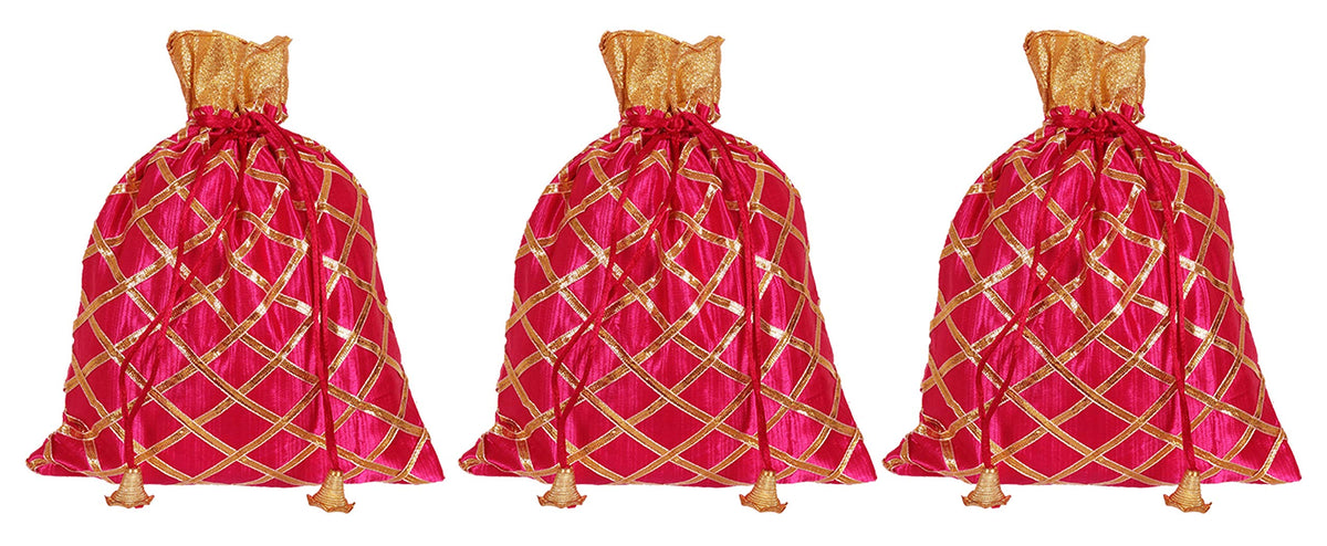 Kuber Industries Potli Bags Handbags for Women Gifting Wristlets for Wedding, Festival, Kitty Subh Shagun-Pack of 3 (Pink)