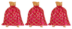 Kuber Industries Potli Bags Handbags for Women Gifting Wristlets for Wedding, Festival, Kitty Subh Shagun-Pack of 3 (Pink)