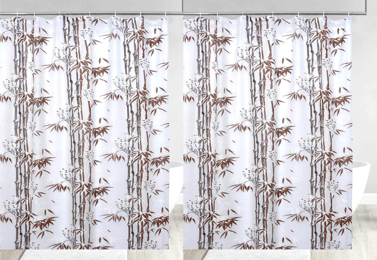 Heart Home Bamboo Printed Stain Resistant, No Odor, Waterproof PVC AC/Shower Curtain with Hooks,7 Feet- Pack of 2 (Brown)