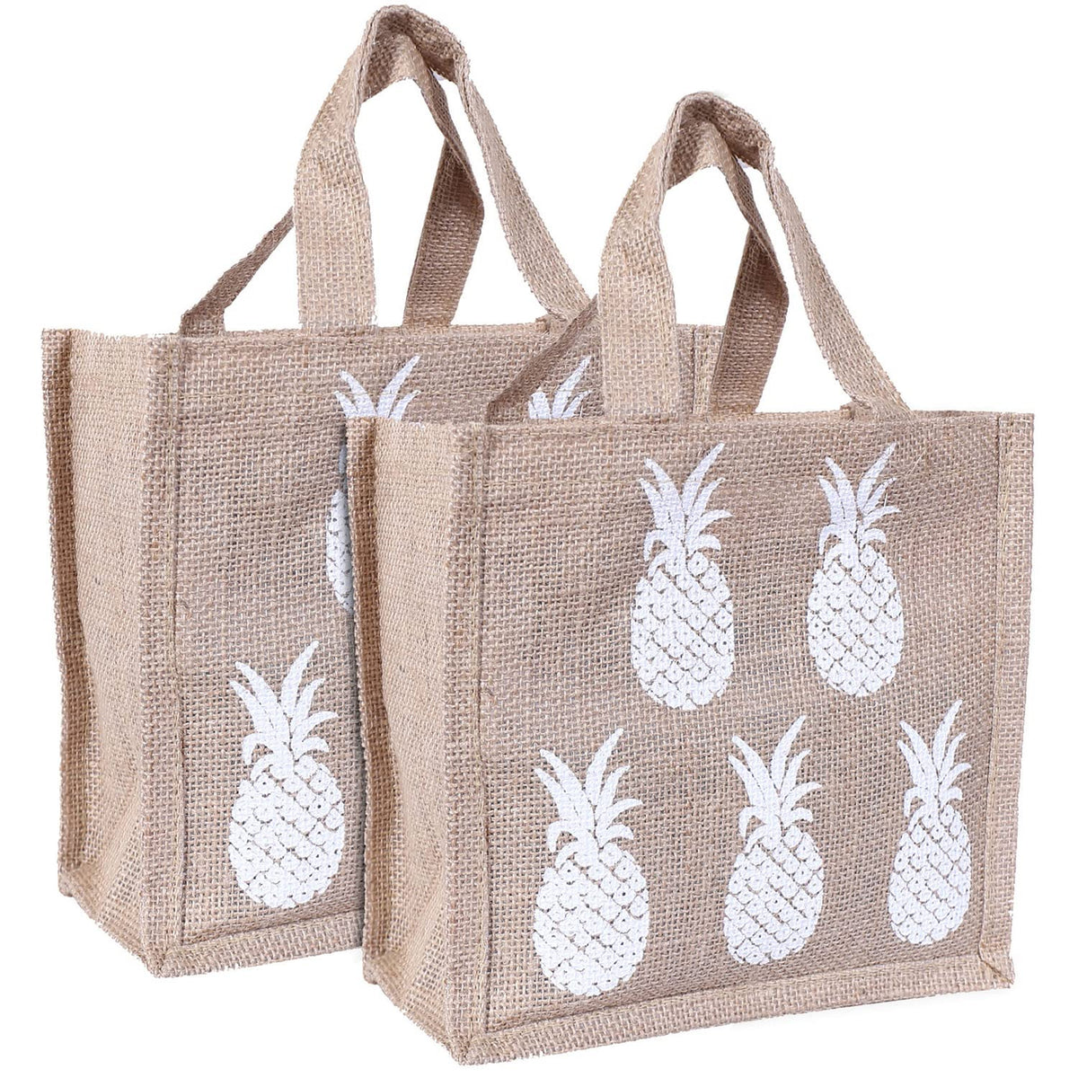 Kuber Industries Lunch Bag|Reusable Jute Fabric Tote Bag|Pineapple Print Tiffin Carry Hand Bag with Handle for Office,School,Gift,Pack of 2 (Brown)