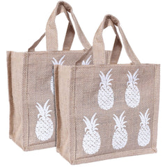 Kuber Industries Lunch Bag|Reusable Jute Fabric Tote Bag|Pineapple Print Tiffin Carry Hand Bag with Handle for Office,School,Gift,Pack of 2 (Brown)