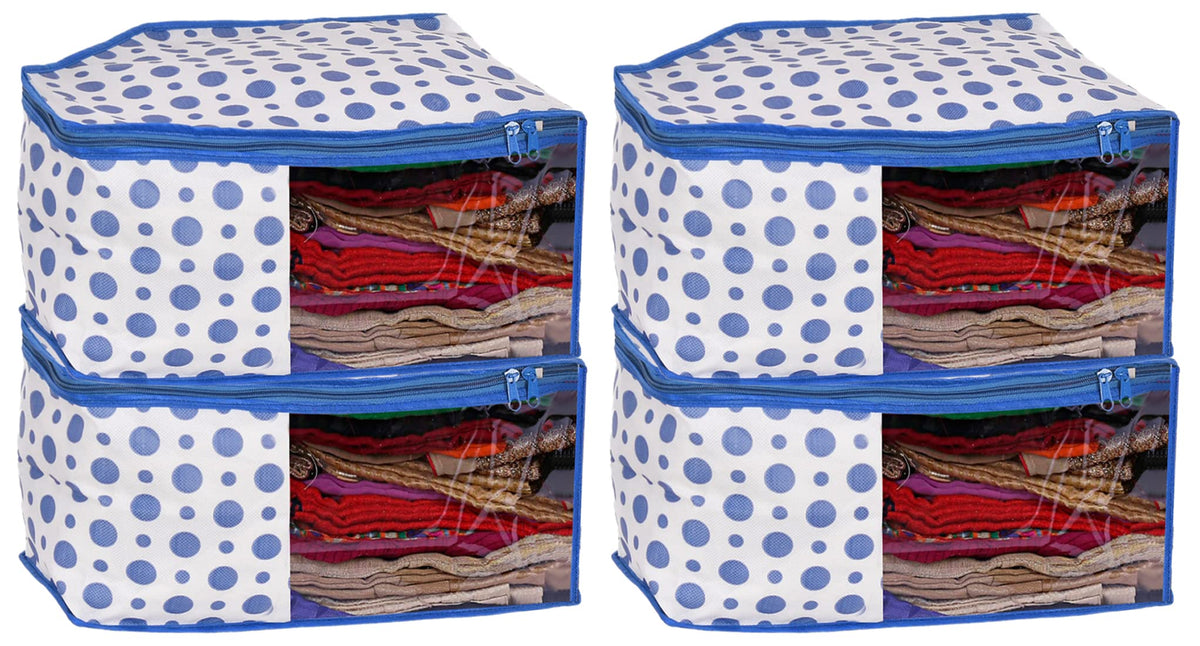 Kuber Industries Dot Printed Non-Woven Blouse Cover, Cloth Organizer, Wardrobe Organiser With Tranasparent Window- Pack of 4 (Blue)-46KM0308