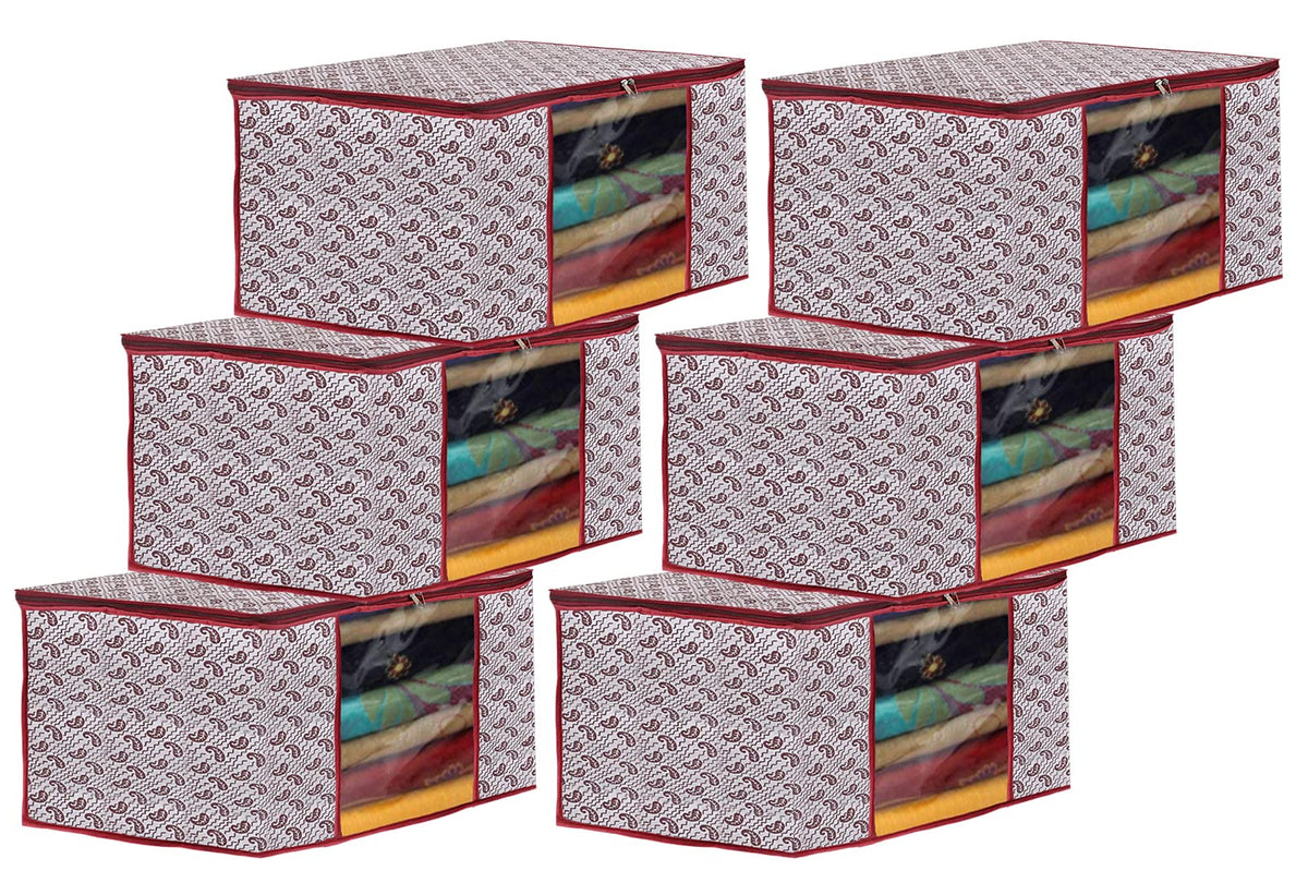 Heart Home Paisley Design Non-woven Foldable Saree Cover/Clothes Storage Bag/Wardrobe Organizer With Transparent Window- Pack of 6 (White)-44HH0347