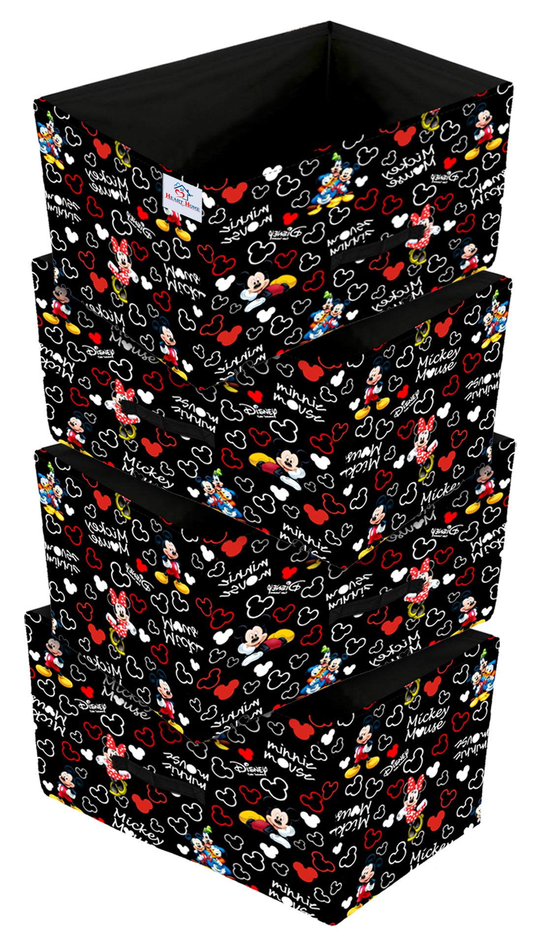 Heart Home Disney Mickey Print Non Woven Fabric Modular Closet Organizer Box with Handle Set Of 4(Black)-HHEART16031