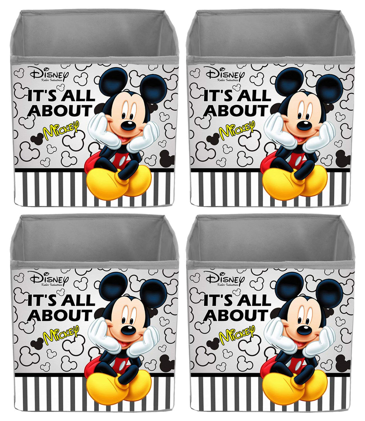 Kuber Industries Disney Mickey Print Non Woven 4 Pieces Fabric Foldable Storage Cube For Toy,Books,Shoes Storage Box With Handle,Extra Large (Grey)-KUBMART16134