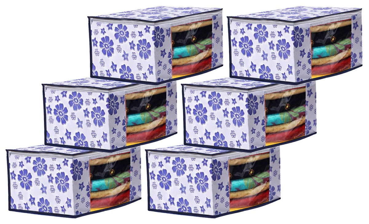 Kuber Industries Flower Design 6 Piece Non Woven Fabric Saree Cover Set with Transparent Window, Extra Large, Royal Blue-CTKTC031941