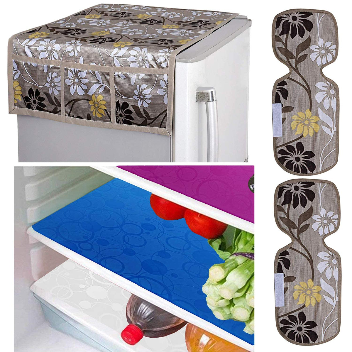 Kuber Industries Flower Design Combo PVC 3 Pieces Fridge Mats, 2 Piece Handle Cover and 1 Piece Fridge Top Cover(Gold)