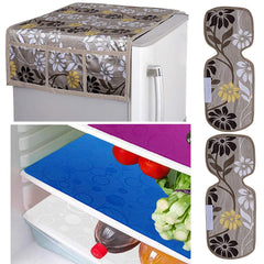 Kuber Industries Flower Design Combo PVC 3 Pieces Fridge Mats, 2 Piece Handle Cover and 1 Piece Fridge Top Cover(Gold)