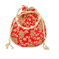 Kuber Industries Ethnic Clutch Silk 2 Pieces Potli Batwa Pouch Bag with Beadwork Gift for Women (Red & Cream) - CTKTC42147