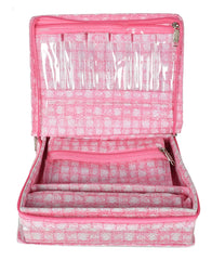 Kuber Industries Check Design Laminated PVC Jewellery Organizer with 4 Transparent Pouches & 1 Bangle/Watch Rod(Pink)-HS_38_LUGGAGE21277, Pack of 1