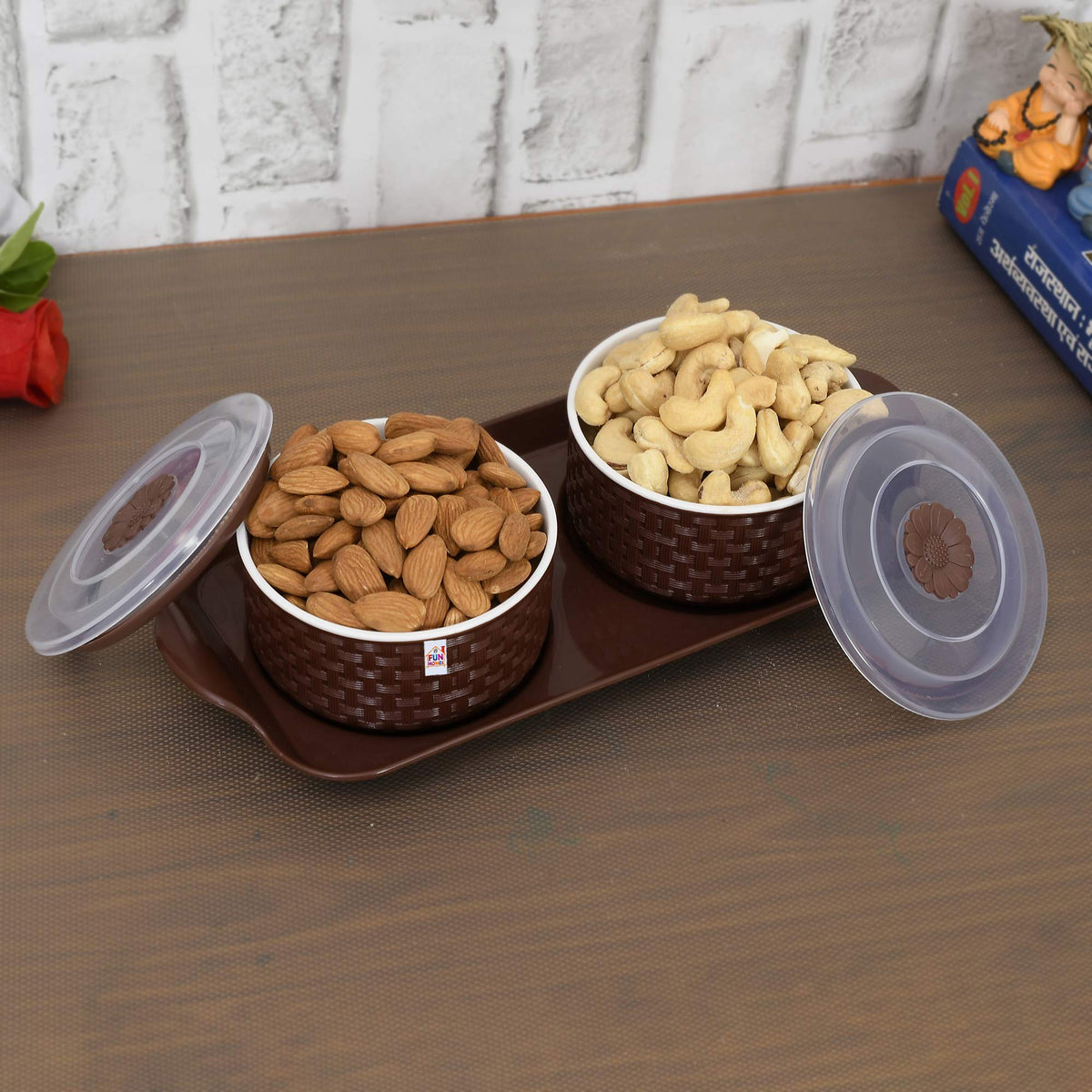 Fun Homes Walnut Checkered Design Plastic Solitaire Serving Tray with 2 Multipurpose Snacks/Dry Fruit Air Tight Bowls with Lids (Set of 3,Brown), Standard (FSHOME011089)