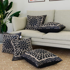 Heart Home Cushion Cover | Sofa Cushion Covers | Embossed Square Cushion Covers | Jute Cushion Covers | Flower Print Couch Cushion Covers | Set of 5 | 16 Inch | Blue