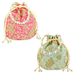 Kuber Industries Embroidery Drawstring Potli|Hand Purse with Gold Pearl Border & Handle for Woman,Girls Pack of 2 (Green & Light Pink)