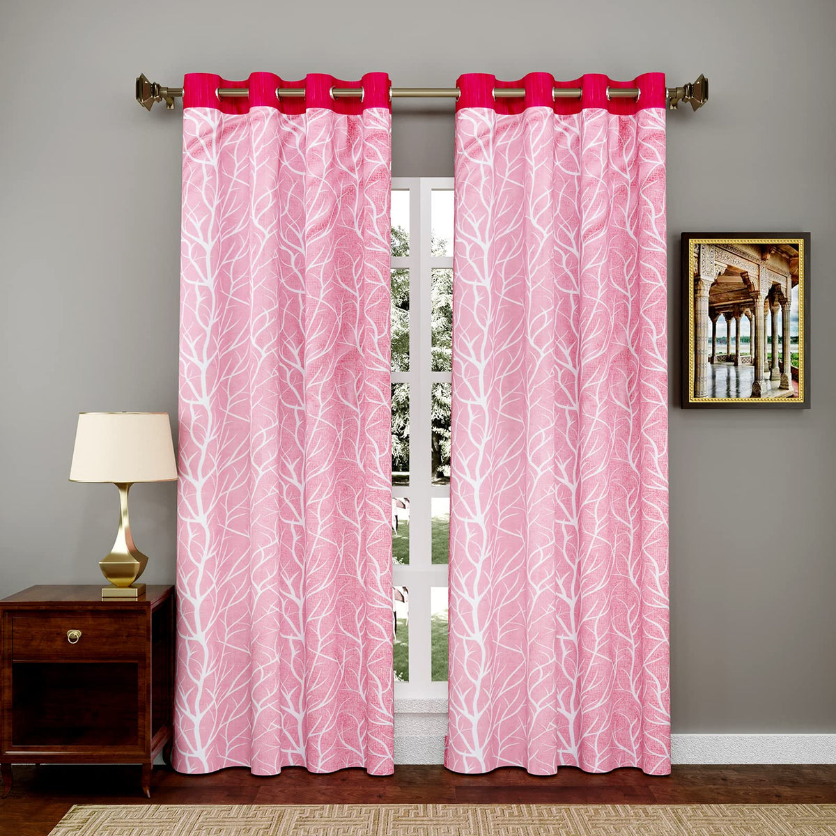 Kuber Industries Tree Printed 7 Feet Door Curtain for Living Room, Bed Room, Kids Room with 8 Eyelet- Pack of 2 (Pink)-HS43KUBMART25583, Standard