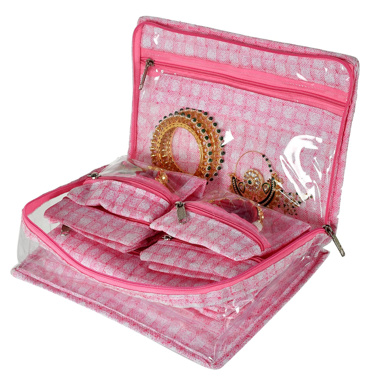 Kuber Industries Laminated PVC Jewellery Storage Bag with 13 Tranasparent Pouches (Pink)