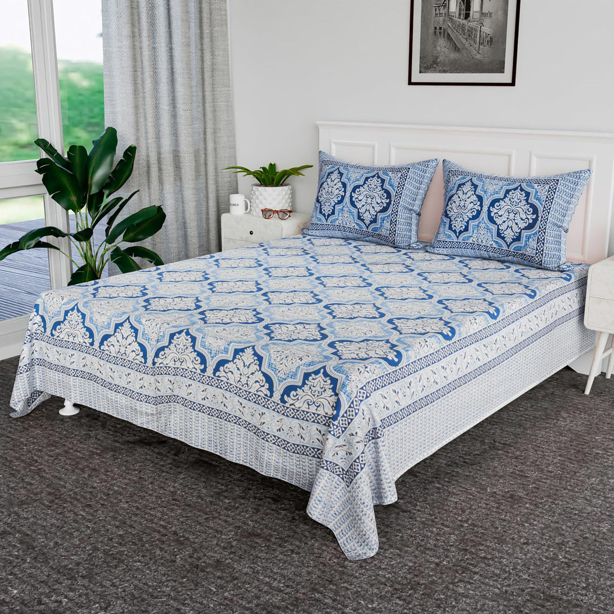 Heart Home Double Bedsheet | Premium Cotton Bedsheet with 2 Pillow Covers | Bedsheet for Bedroom | Bedsheet for Double Bed | Flower Heritage | 90x108 Inch | Blue