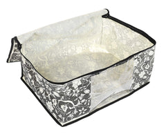 Heart Home Metalic Flower Print 2 Piece Non Woven Fabric Saree Cover Set with Transparent Window, Extra Large (Black)-HHEART16516