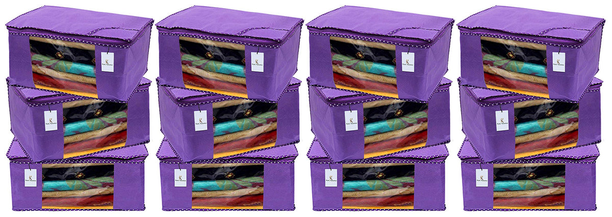 Kuber Industries 12 Pieces Non Woven Fabric Saree Cover/Clothes Organiser for Wardrobe Set with Transparent Window, Extra Large (Purple)-KUBMART2769