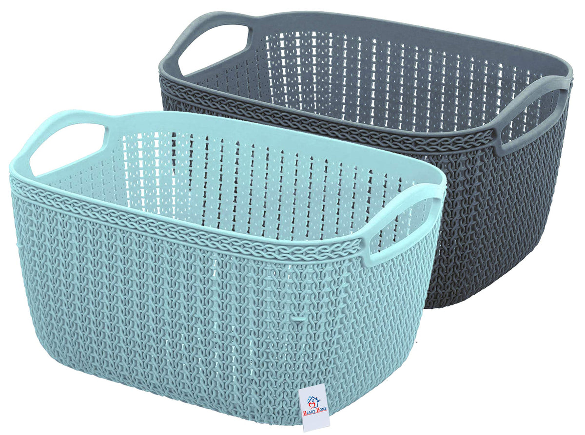 Heart Home Q-5 Unbreakable Plastic 2 Pieces Multipurpose Medium Size Flexible Storage Baskets/Fruit Vegetable Bathroom Stationary Home Basket with Handles (Light Blue & Grey)-HEART10511