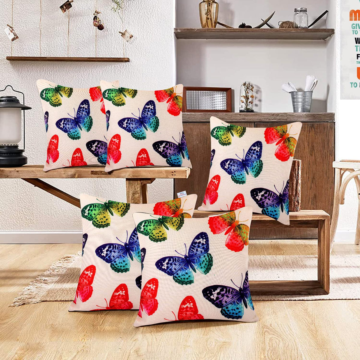 Heart Home Cushion Cover|Sofa Cushion Covers|Butterfly Print Sitting Cushion Cover|Polyester Cushion Filler|16x16 Inch|Set of 5 (Cream)