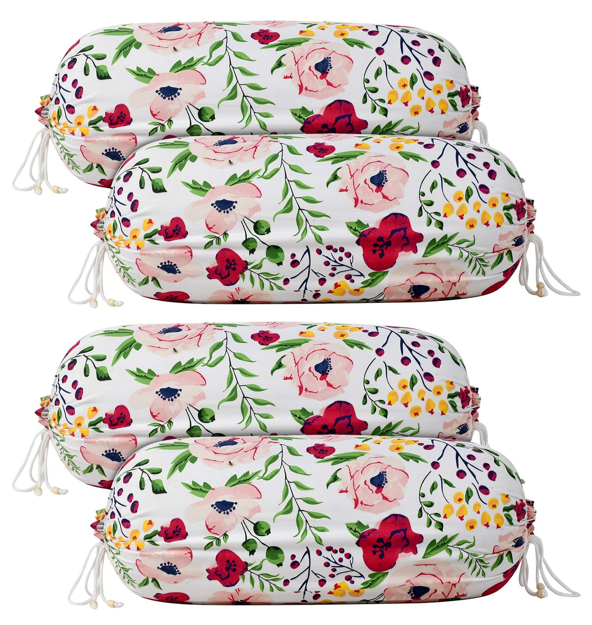 Kuber Industries Flower Printed Cotton Bolster Cover- Set of 4, 16"x32" (White & Pink)-44KM0131