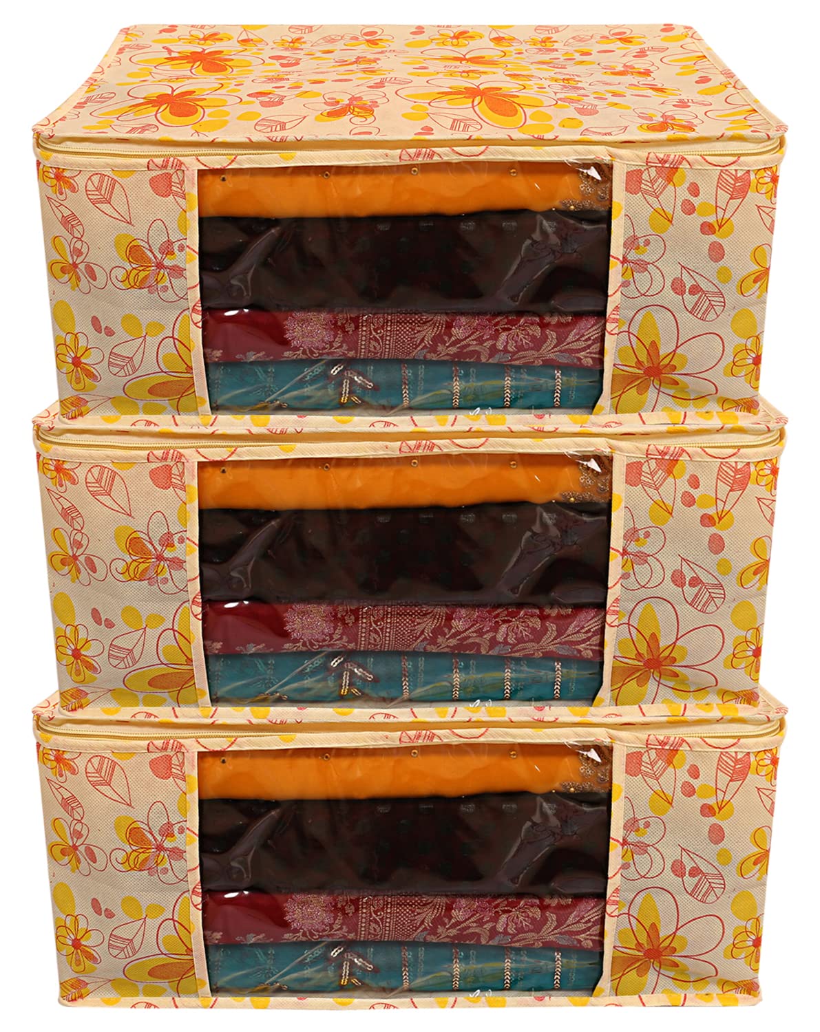 Heart Home Flower Design Non-woven Sarees, Clothes Cover/Organizer With Transparent Window- Pack of 3 (Yellow)-44HH0394