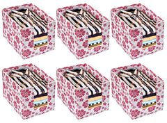 Heart Home Flower Printed Non-Woven Foldable Shirt Stacker Closet Organizer With Handles- Pack of 6 (White & Pink)-HS43HEARTH26514