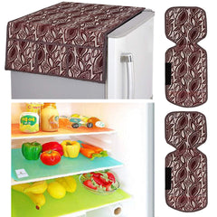 Kuber Industries Leaf Design Combo PVC 3 Pieces Fridge Mats, 2 Piece Handle Cover and 1 Piece Fridge Top Cover(Maroon)