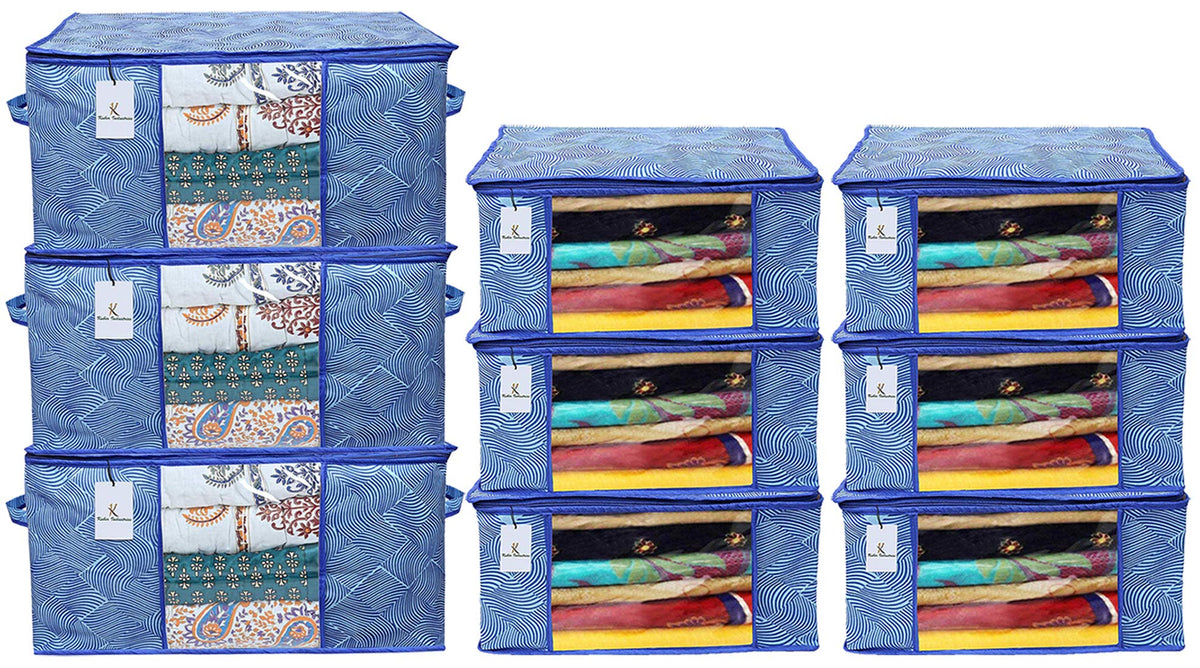 Kuber Industries Laheriya Printed Non Woven 6 Pieces Saree Cover and 3 Pieces Underbed Storage Bag, Cloth Organizer for Storage, Blanket Cover Combo Set (Blue) -CTKTC038688