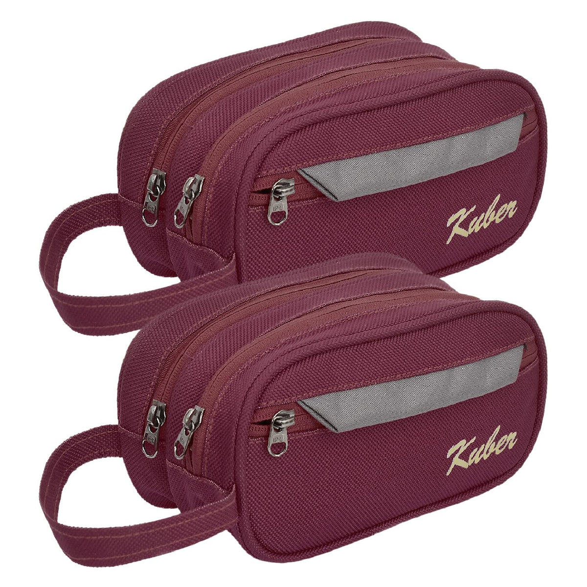 Kuber Industries Canvas Toiletry Organizer|Portable & Durable Carrying Strip Travel Shaving Doop Kit with 2 Zipper ComparMants and Fornt Zipper Pack of 2 (Brown)