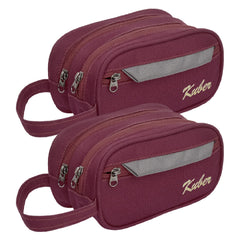 Kuber Industries Canvas Toiletry Organizer|Portable & Durable Carrying Strip Travel Shaving Doop Kit with 2 Zipper ComparMants and Fornt Zipper Pack of 2 (Brown)