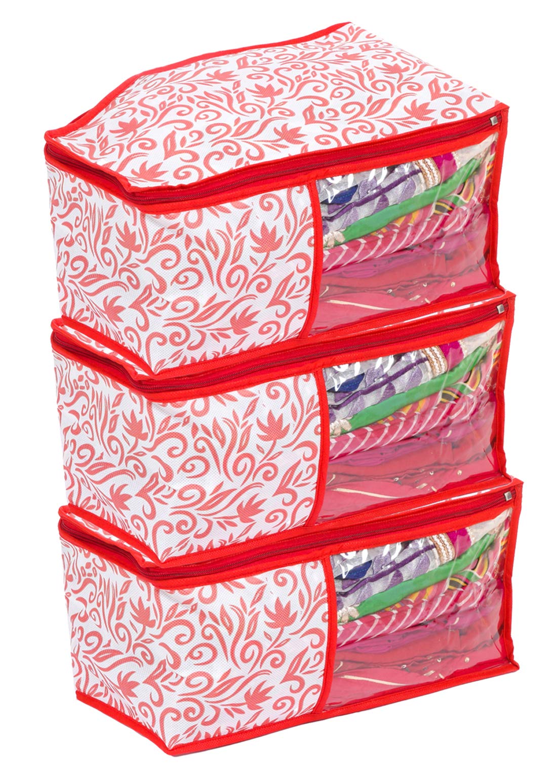 Kuber Industries Floral Design 9 Pieces Non Woven Blouse Cover Set (Red & White) - CTKTC23192