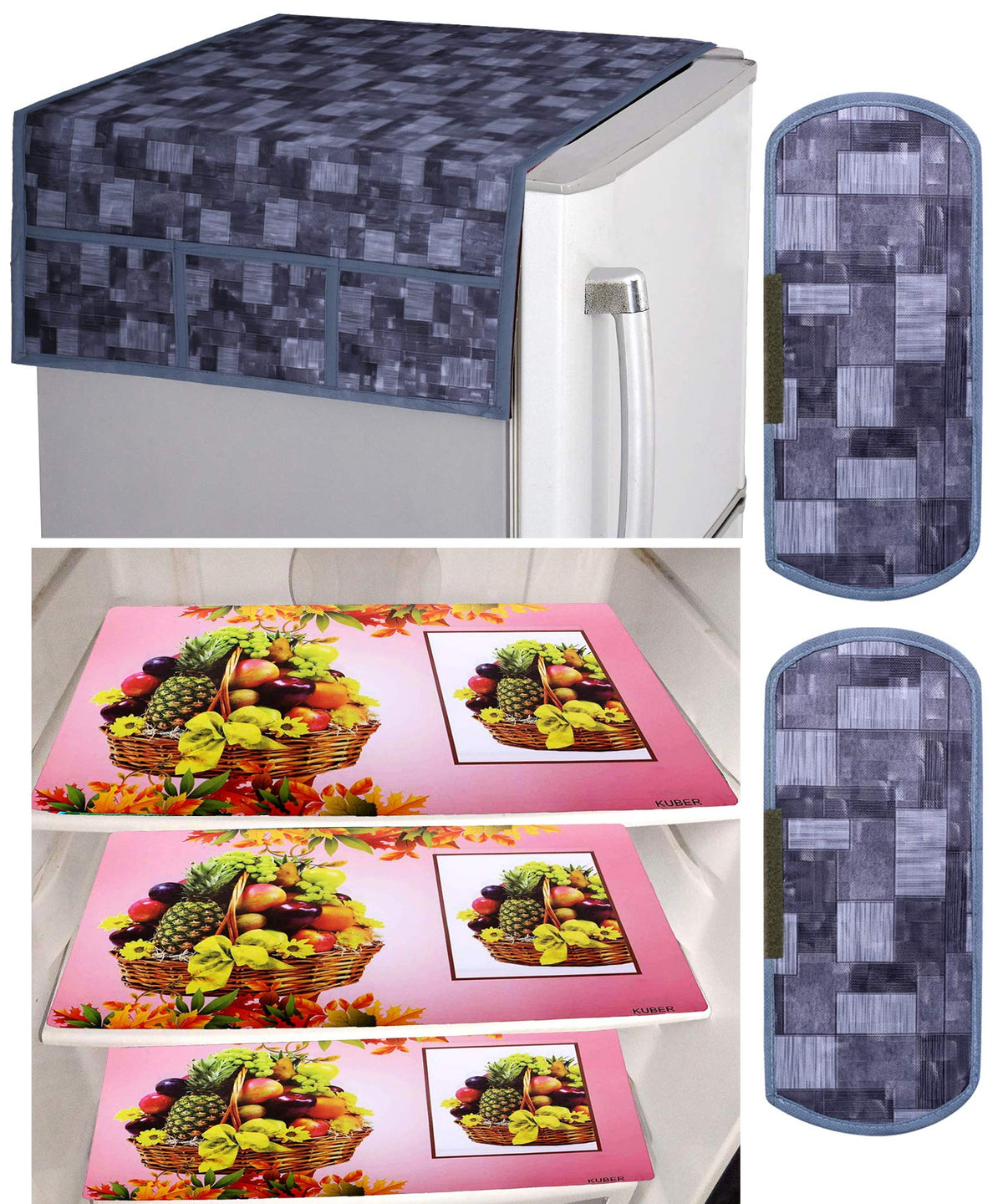 Kuber Industries Fruit Basket Design 3 Pieces PVC Fridge Mats,2 Piece Handle Cover and 3D Checkered Design 1 Piece Fridge Top Cover (Grey) - CTKTC039805