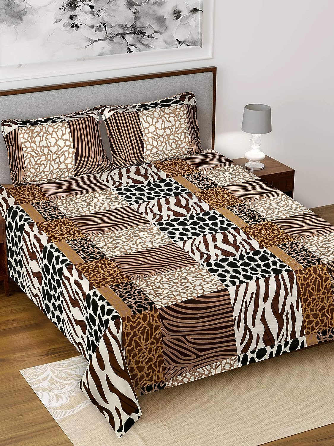 Kuber Industries Abstract Waves Print Glace Cotton Double Bedsheet with 2 Pillow Covers (Brown)-KUBMART011372