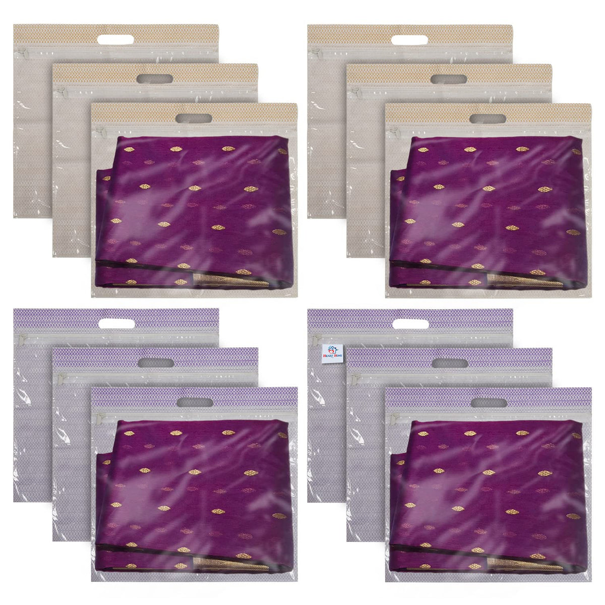 Heart Home Non-Woven Single Saree Covers With Transparent Window With Handle Pack of 12 (Purple & Brown)