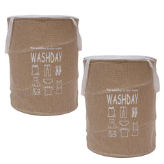 Heart Home Laundry Basket | Round Foldable Laundry Basket | Jute Storage Bag with Button Handles | Clothes Basket for Home | Toy Storage Basket | 45 LTR | Pack of 2 | Beige