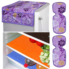 Kuber Industries Flower Design Combo PVC 3 Pieces Fridge Mats, 2 Piece Handle Cover and 1 Piece Fridge Top Cover(Purple)