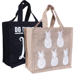 Kuber Industries Lunch Bag|Reusable Jute Fabric Tote Bag|Durable & Attractive Print Tiffin Carry Hand Bag with Handle for Office,School,Gift,Pack of 2 (Black & Brown)