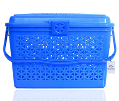Heart Home Plastic Trendy Shopping Storage Basket with Handles|Small Bin for Shower|Closet, Kitchen, Garden (Blue)
