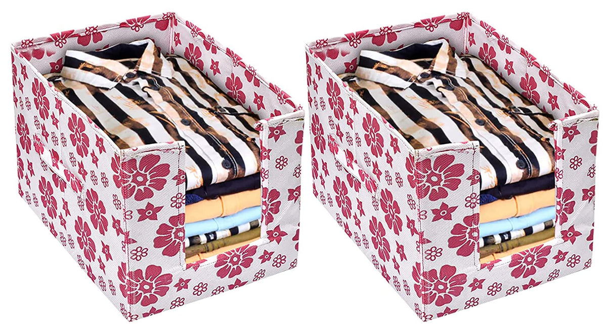 Kuber Industries Flower Printed Non-Woven Foldable Shirt Stacker Closet Organizer With Handles- Pack of 2 (White & Pink)-HS43KUBMART26508
