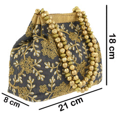 Heart Home Polyester Embroidered Potli Batwa Pouch Bag for Women (Grey) HEART2873