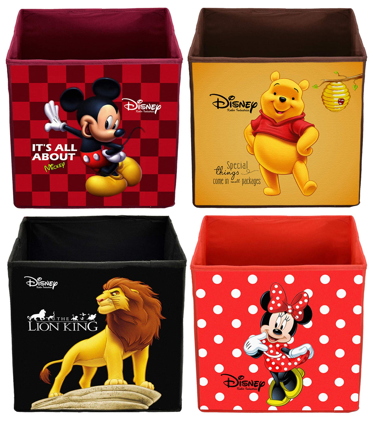 Kuber Industries Disney Print Non Woven Fabric 4 Pieces Foldable Large Size Storage Cube Toy, Books, Shoes Storage Box with Handle (Black, Red, Maroon & Brown)-KUBMART10829