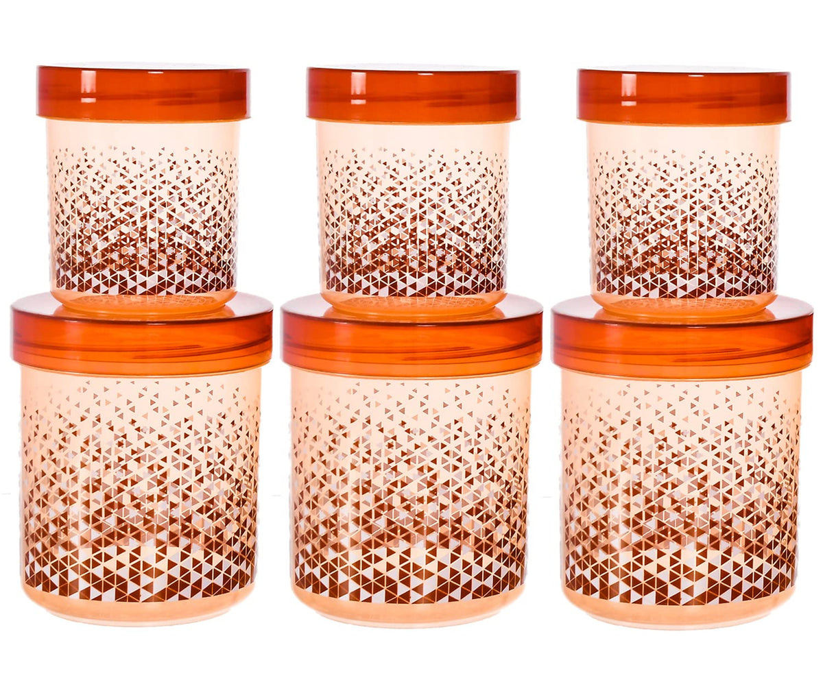 Heart Home Tringle Printed Multiuses BPA Free Leak Proof, Dishwasher/Freezer Safe Plastic Storage Container With Lid, 500ml & 1000ml Pack of 6 ( Brown)-46HH0548