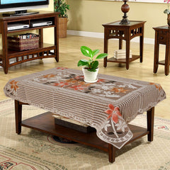 Heart Home Flower Printed Cotton 4 Seater Center Table Cover,40"x60" (White & Brown)-44HH095