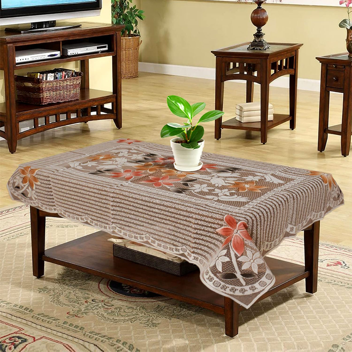 Kuber Industries Flower Printed Cotton 4 Seater Center Table Cover,40"x60" (White & Brown)-44KM095