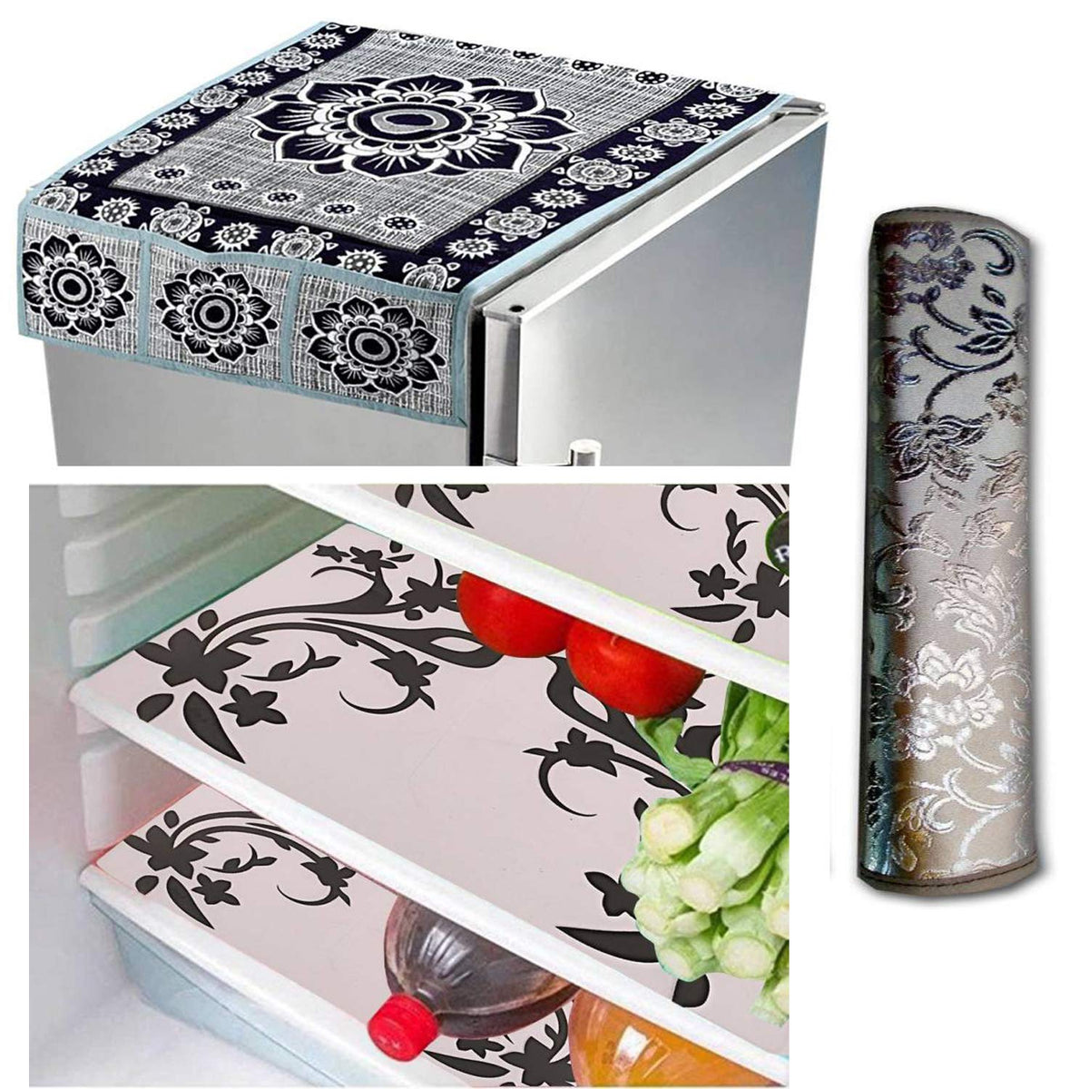 Kuber Industries Cloth 3 Pieces Fridge Mat, 1 Piece Handle Cover and 1 Pieces Fridge Top Cover (Multi)-CTKTC2785