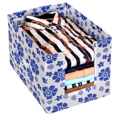 Heart Home Flower Printed Non-Woven Foldable Shirt Stacker Closet Organizer With Handles- Pack of 6 (White & Blue)-HS43HEARTH26504
