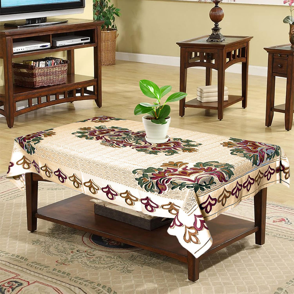 Kuber Industries Floral Printed Cotton 4 Seater Center Table Cover,40"x60" (Sand & Maroon)-44KM069