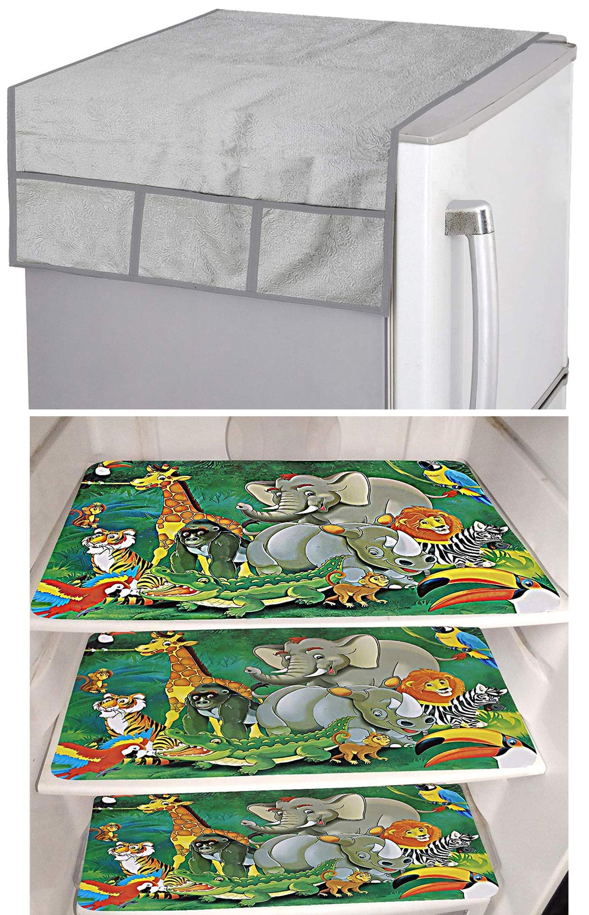 Kuber Industries Cartoon Design 3 Pieces PVC Fridge Mats and 1 Piece Fridge Top Cover (Silver) - CTKTC039650