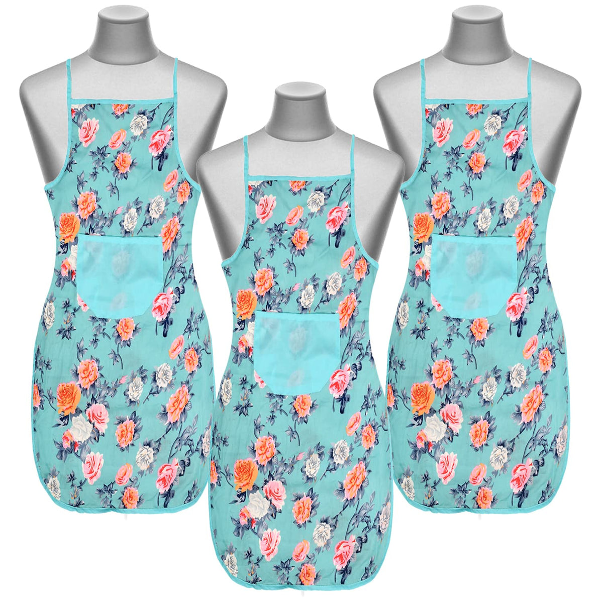 Heart Home Flower Printed Apron with 1 Front Pocket- Pack of 3 (Green)-50HH0715